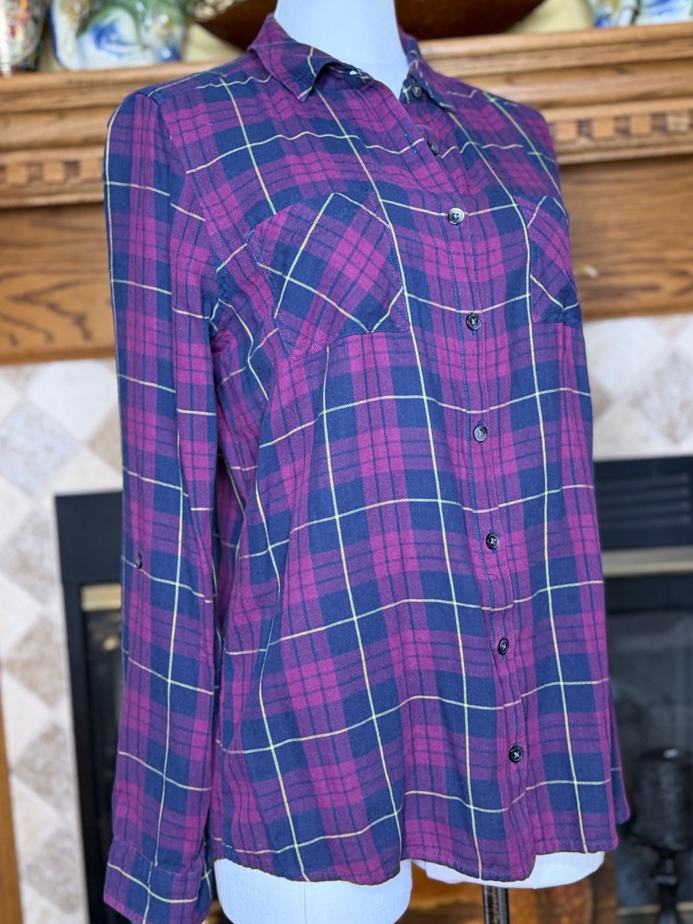 Caslon Women's Plaid Button-Up Shirt - Purple/Navy Size Medium